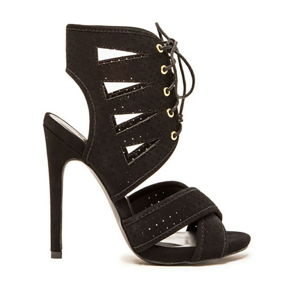 🛑QUPID Black Strappy Cage Lace Up Stiletto  Heels - Picture 2 of 7